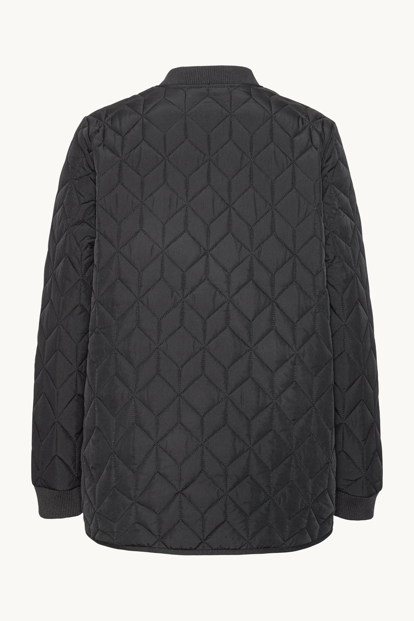 Black quilted jacket on a white background