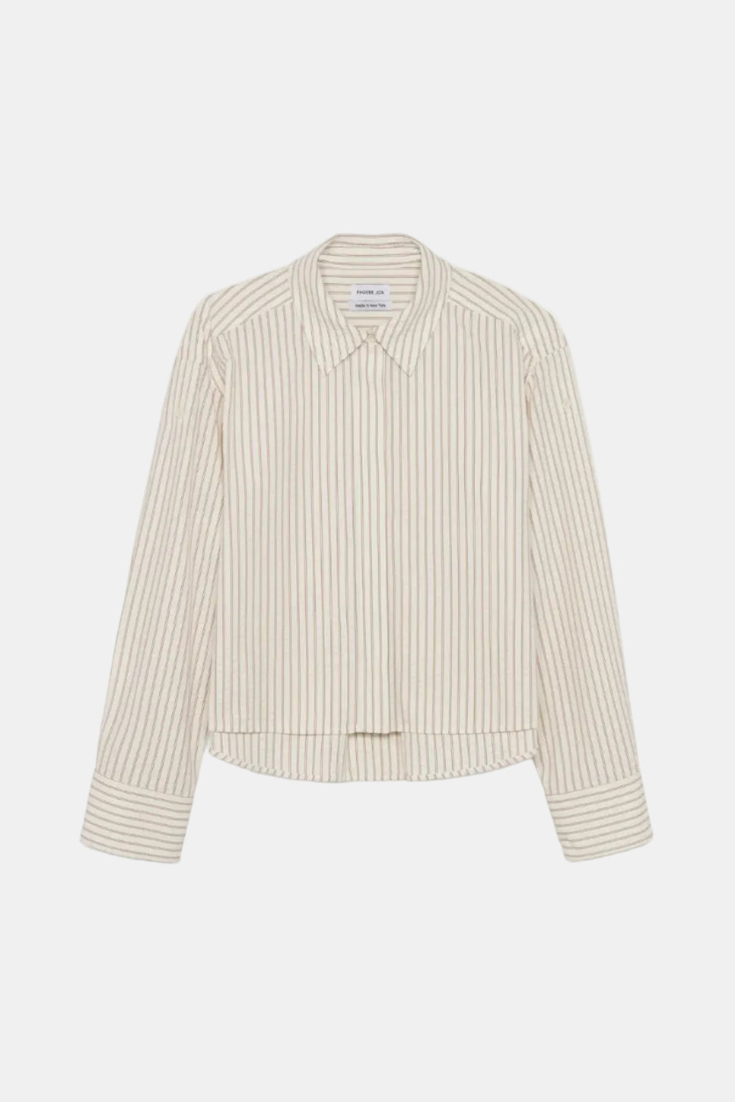 A cropped long-sleeve button-up shirt with vertical beige and white stripes, featuring a pointed collar and buttoned cuffs, shown flat against a plain white background.