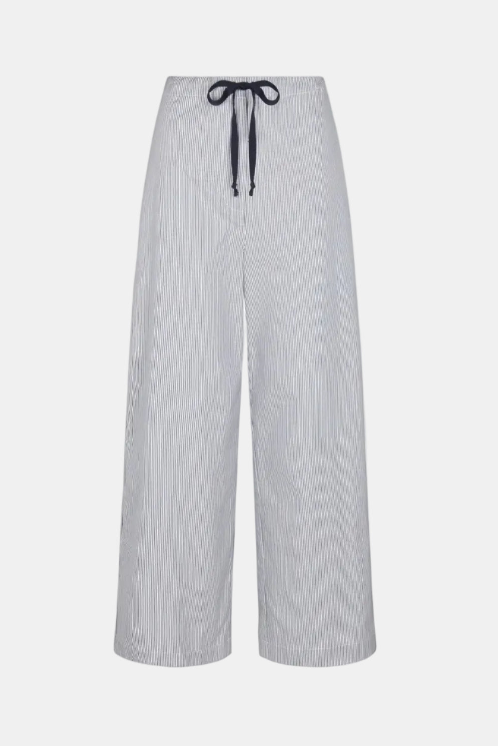Light gray striped pants with a drawstring on a white background