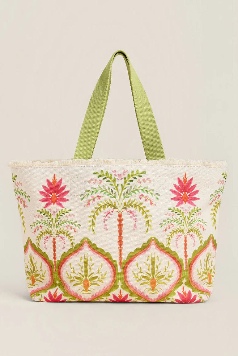 Tote bag with floral and palm tree design on a beige background