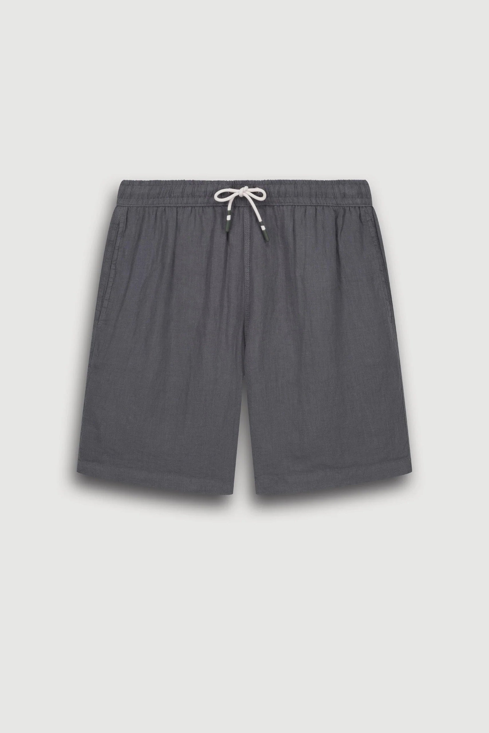 Gray shorts with a drawstring on a light gray background