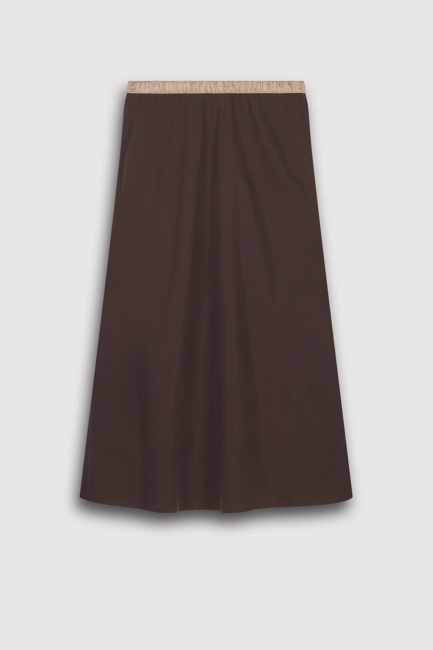 Brown skirt with lace trim on a light gray background