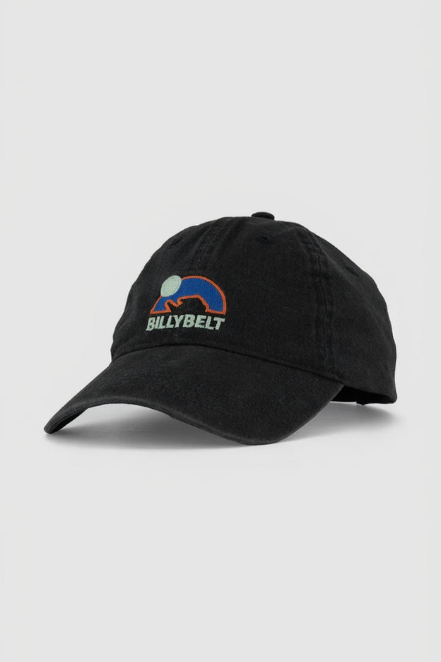 Black cap with a logo on a light gray background