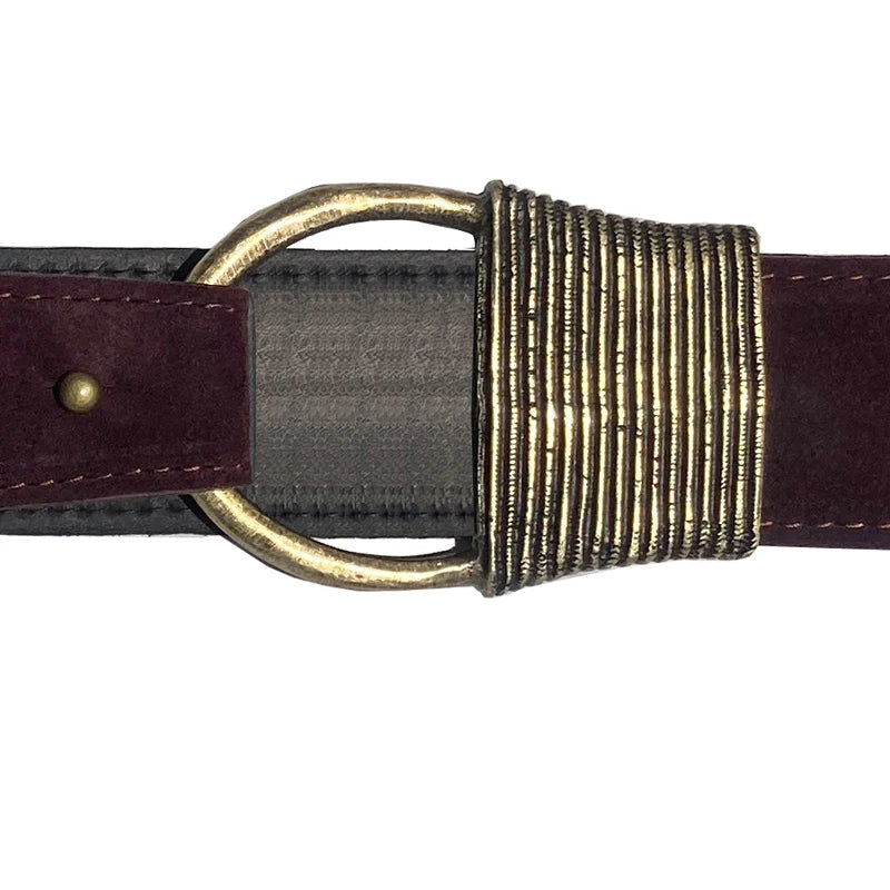 Belt with a textured gold buckle on a white background