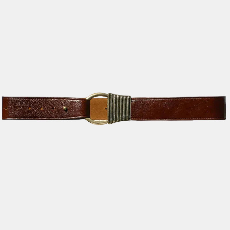 Brown leather belt with a gold buckle on a white background