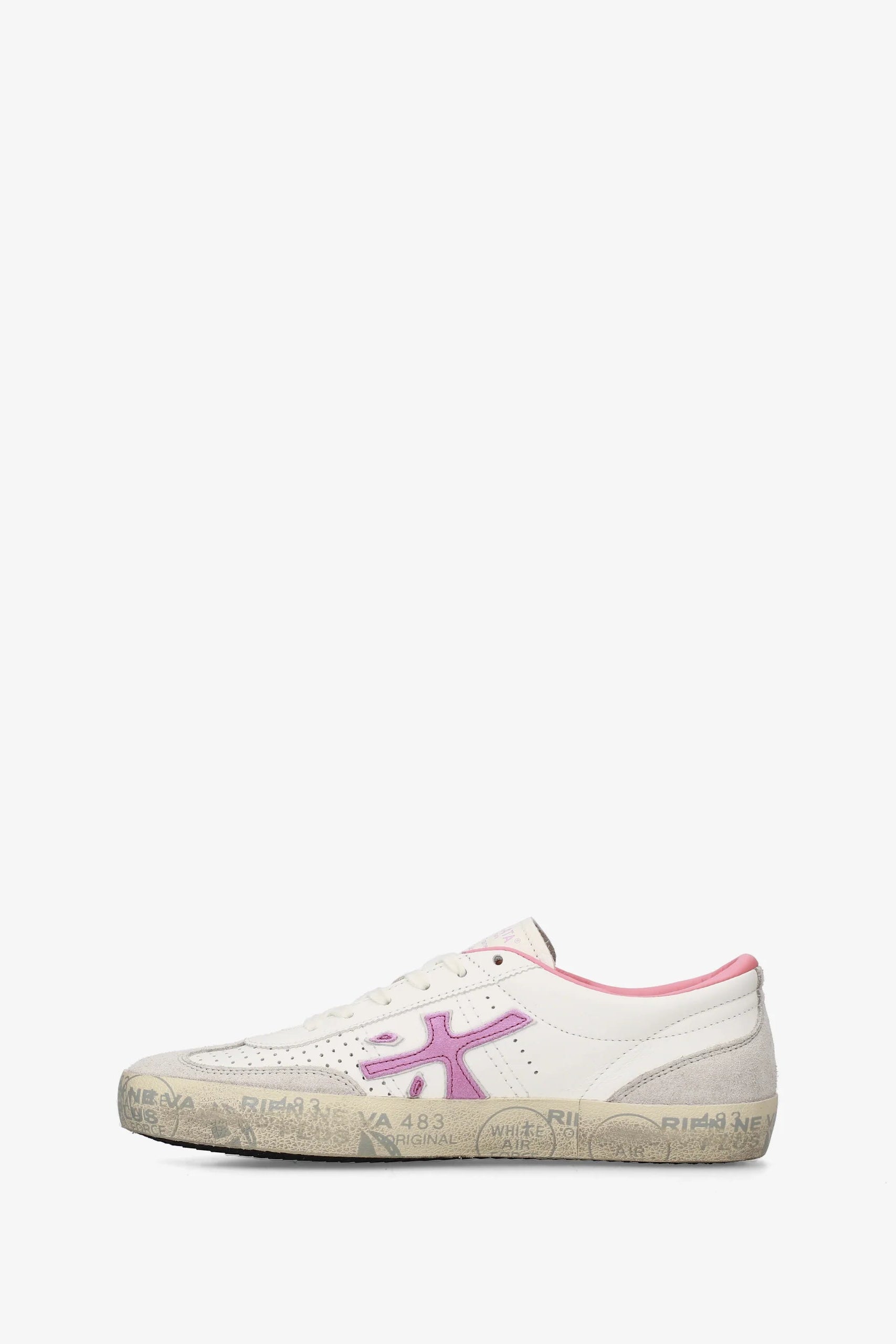White sneaker with pink logo on a white background