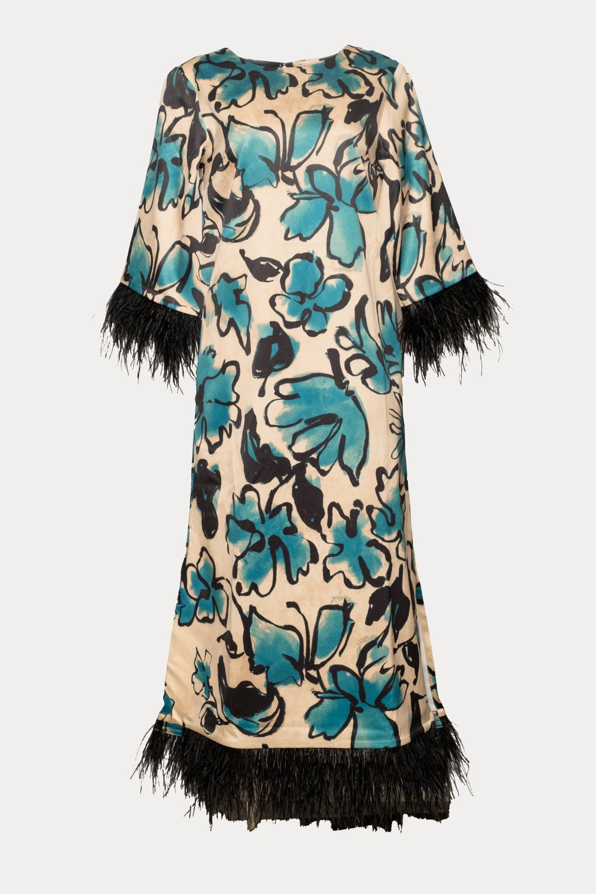 Belle Maxi Dress w/Feathers Abstract Meadow Dutch Satin Teal/Camel