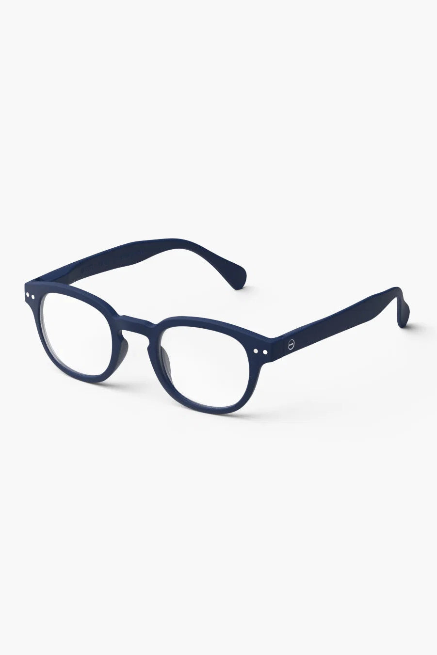 Navy blue eyeglasses on a white background