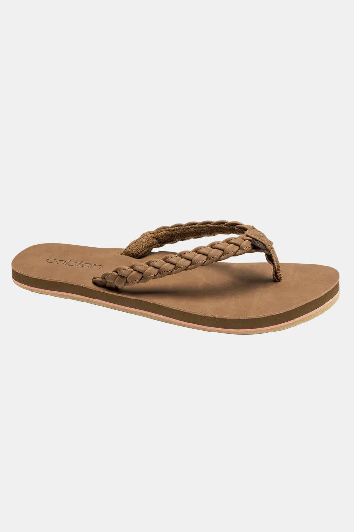 Brown sandal with braided design on a white background