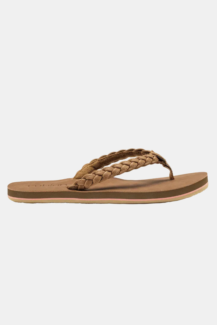 Brown sandal with braided design on a white background