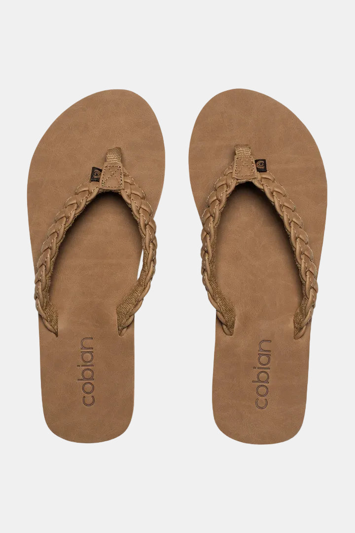 A pair of tan Cobián braided thong sandals with a suede-like footbed and woven straps, shown from a top-down view on a white background.