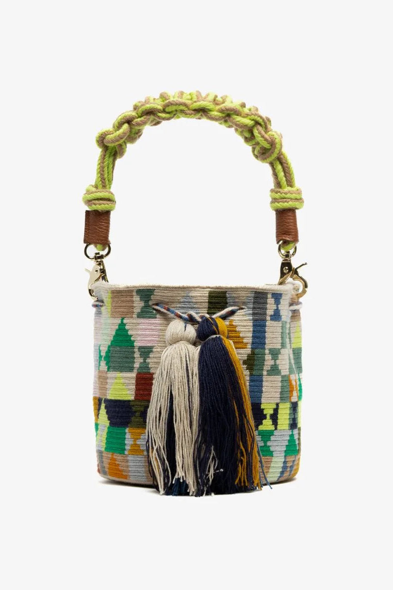 Colorful handbag with geometric pattern and tassels on a white background