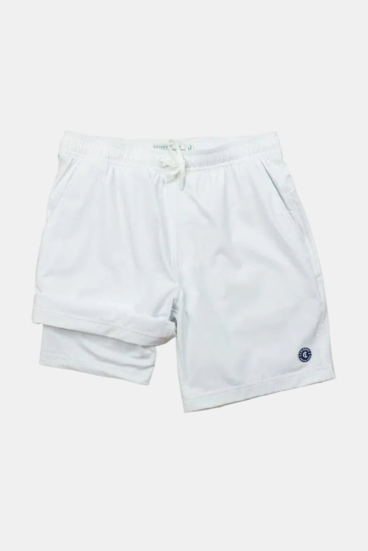 White shorts with a small logo on a white background