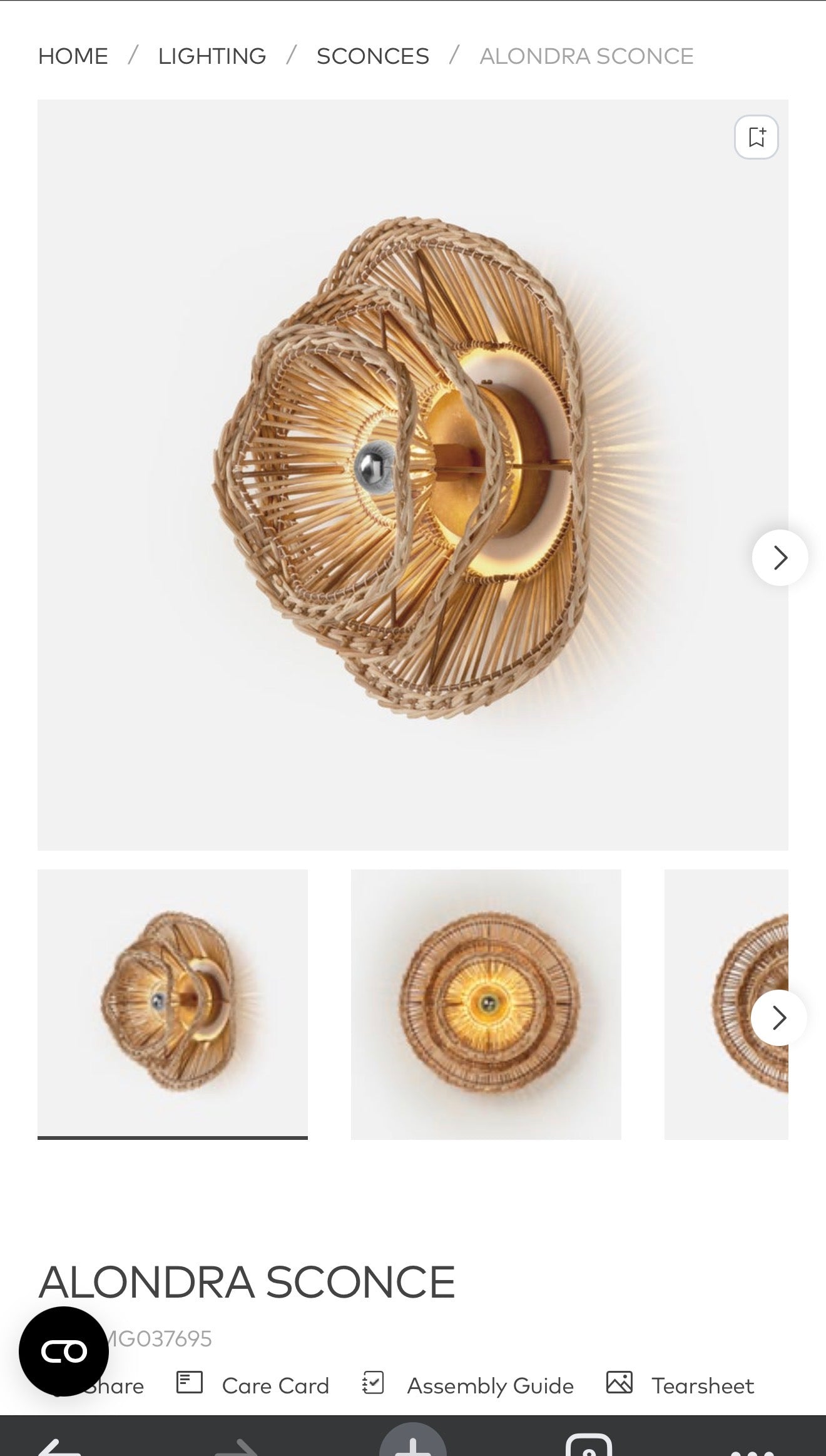 A wall-mounted woven rattan sconce with a gold metal center and sunburst rays, shown in a product catalog layout with smaller top-down and angled views below.