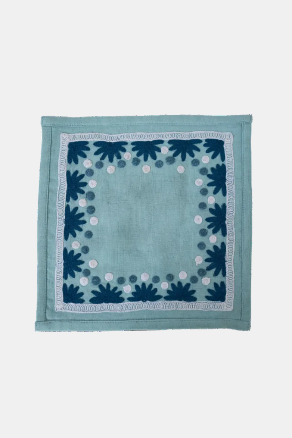 Teal fabric square with decorative border on a white background