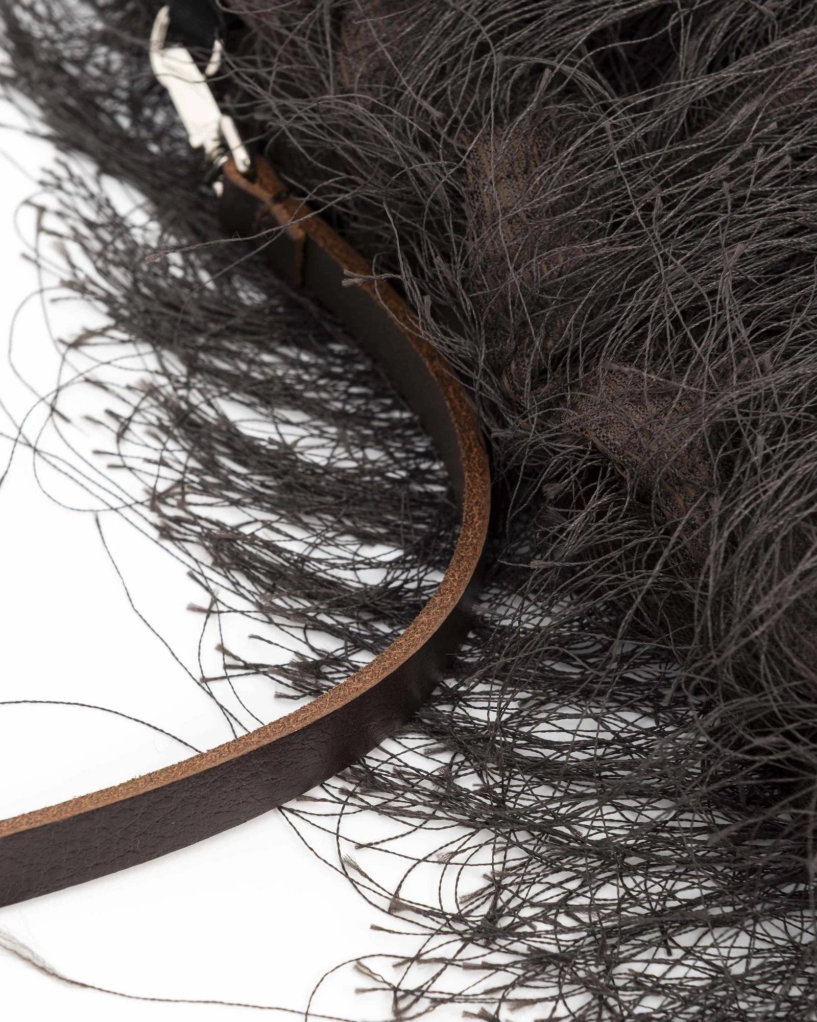 Close-up of a black feathered hat with a brown band on a white background