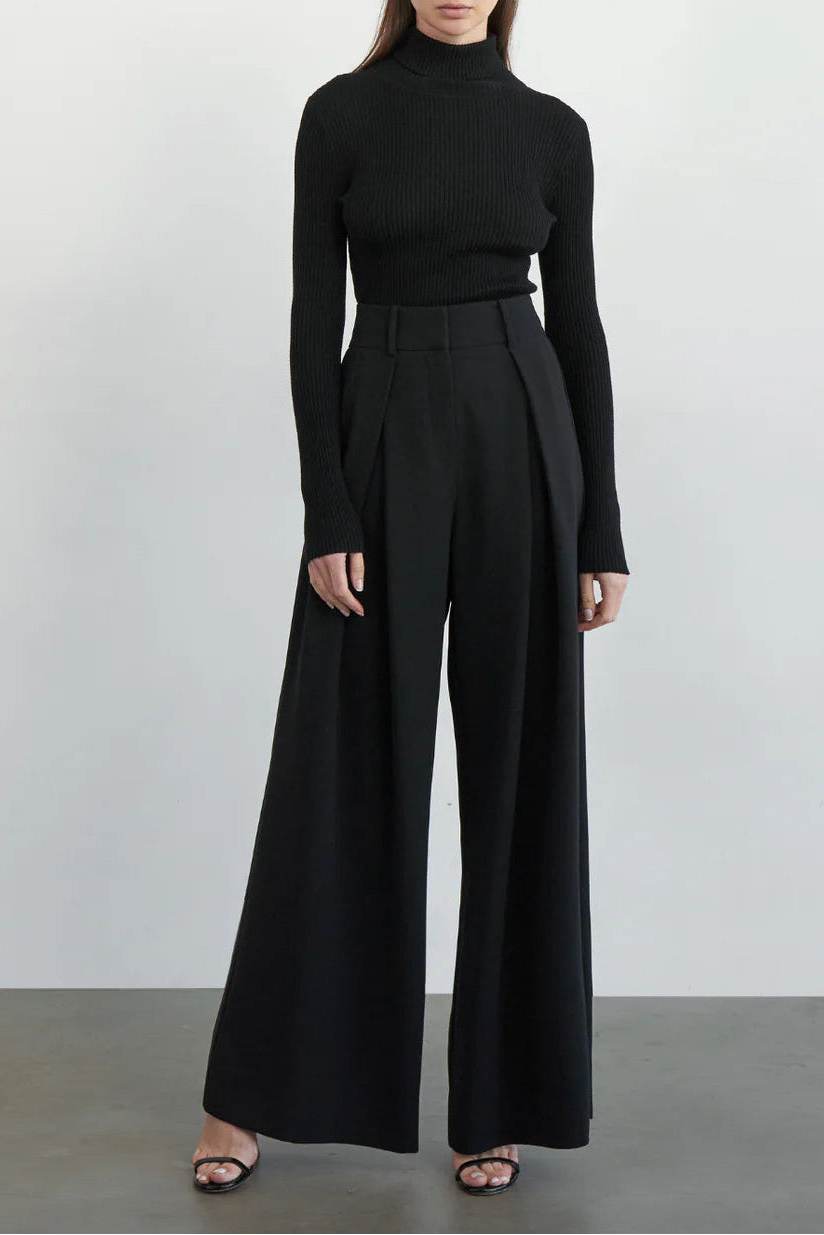 Woman wearing a black turtleneck and wide-leg pants against a white background
