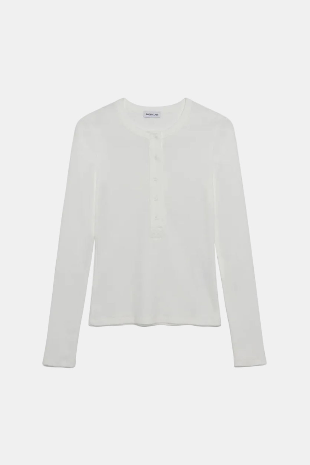 A white long-sleeve henley top with a buttoned placket, displayed flat against a solid white background.