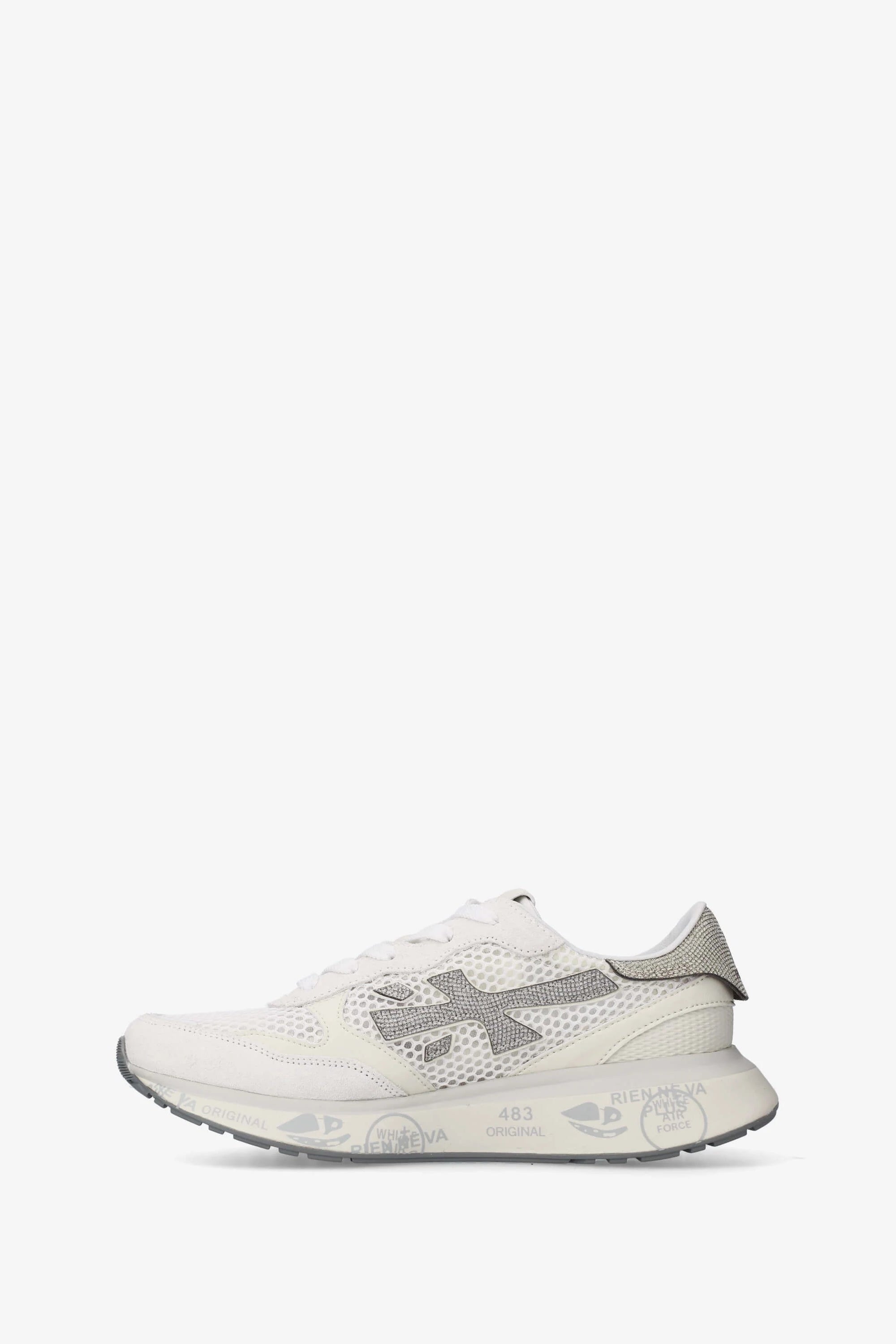 White sneaker with a brand logo on a white background