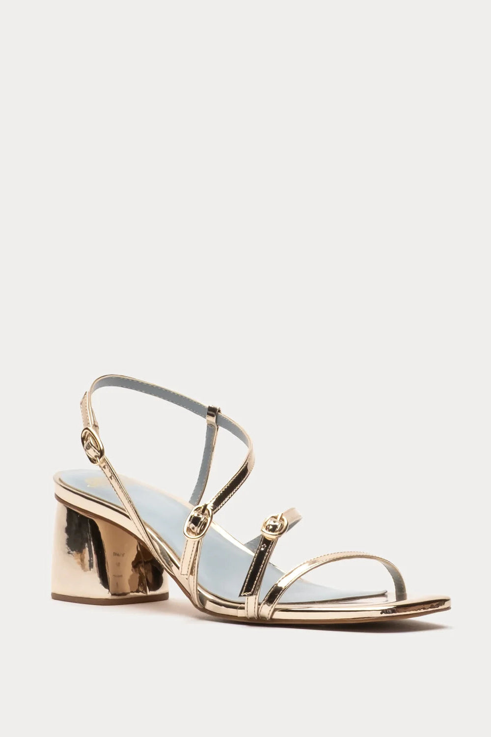 A single metallic gold strappy sandal with a block heel, shown from a side profile against a light gray background.