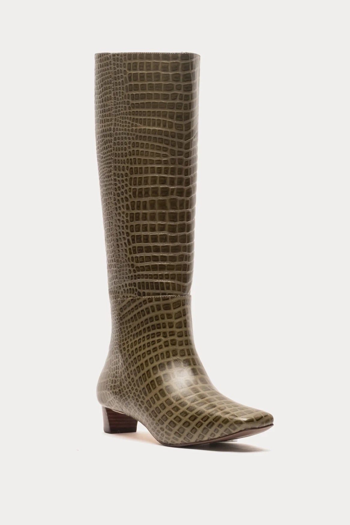 A single knee-high boot with a glossy crocodile-embossed texture in a muted olive-brown color, shown from a side profile against a light gray background.
