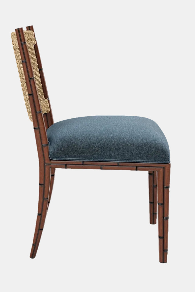 Chair with wooden frame and blue cushion on a transparent background