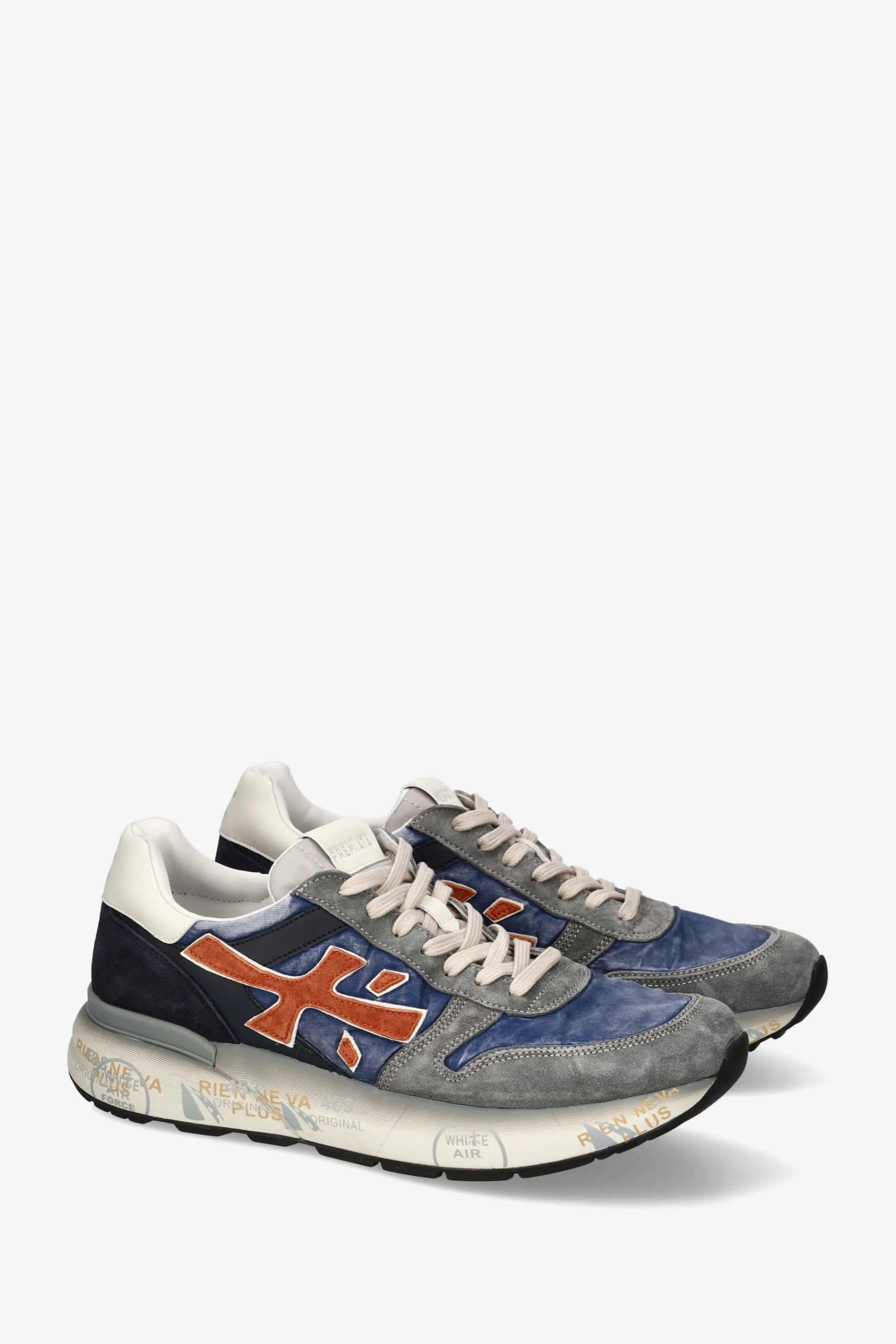 Pair of sneakers with a blue and orange design on a white background