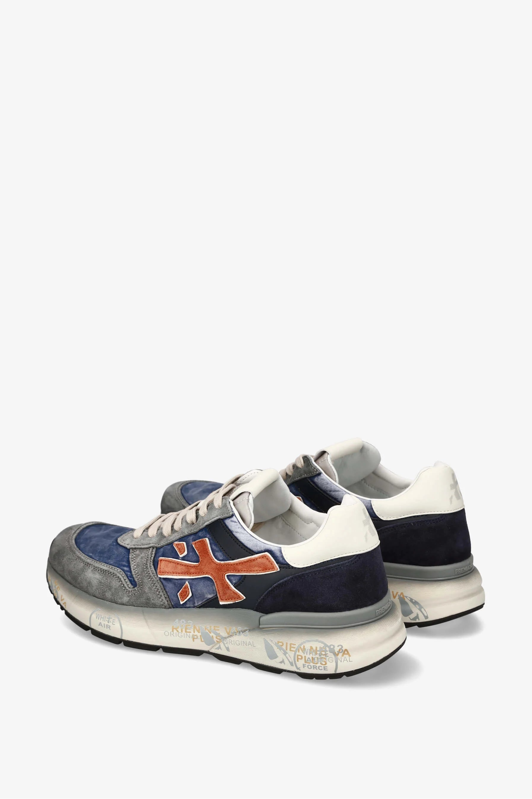 Multicolor sneaker with a logo on a white background