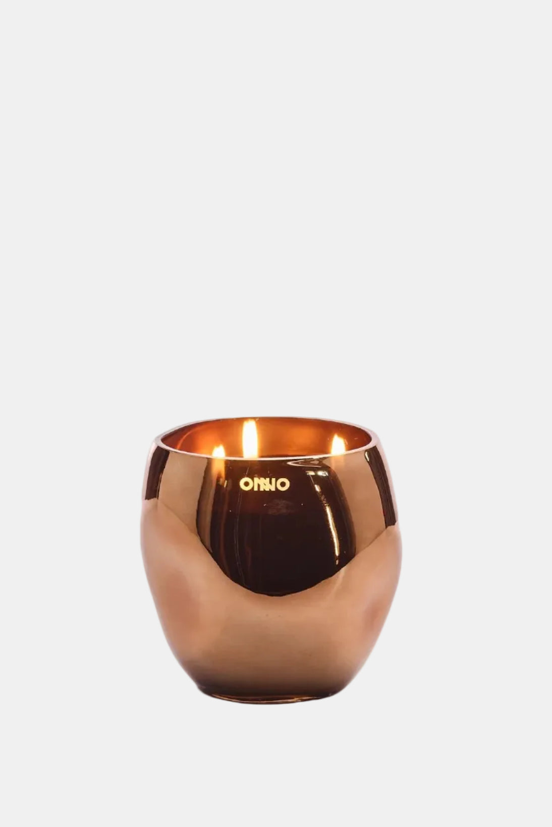 Bronze-colored candle holder with 'OMIO' branding on a white background