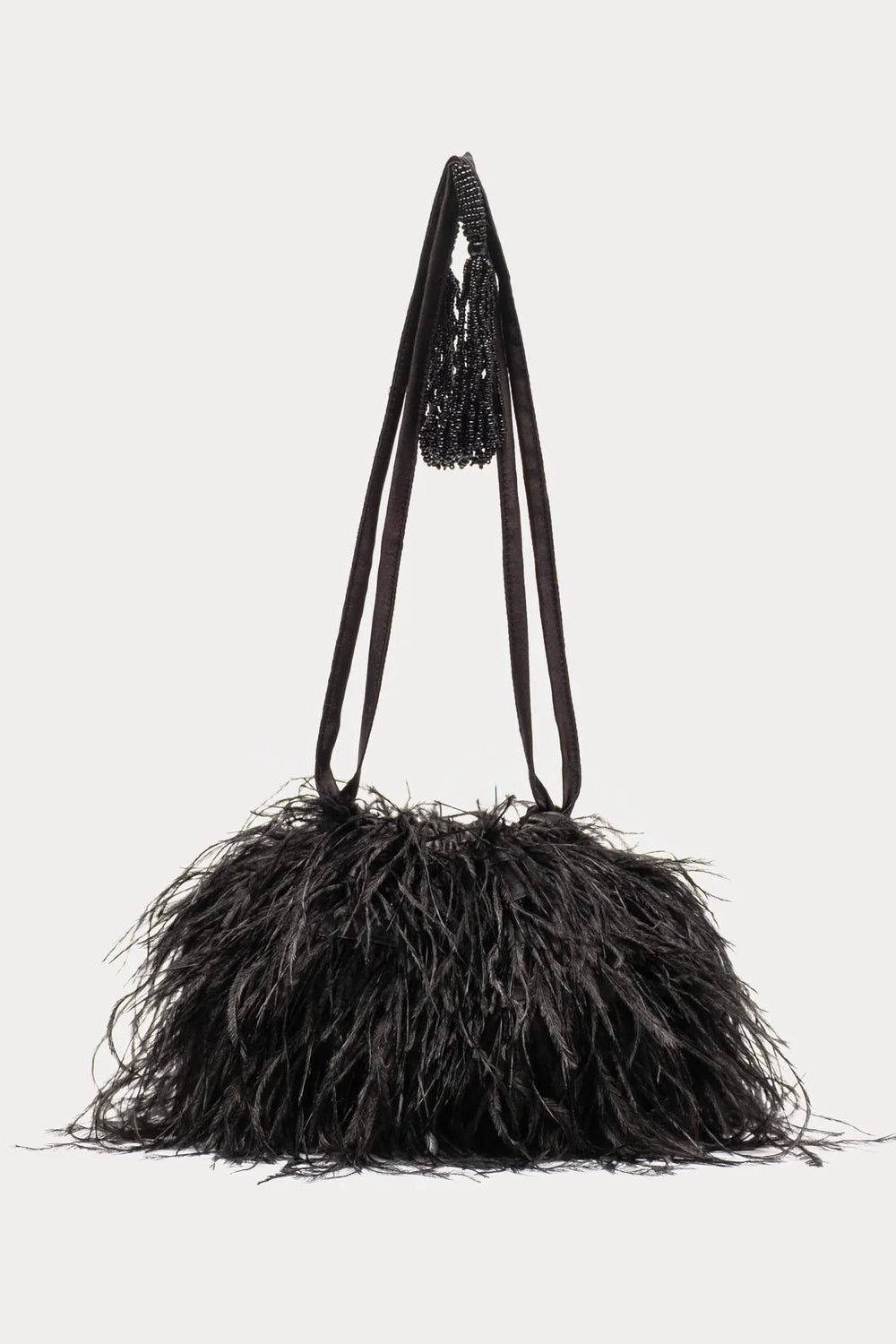 A black feathered handbag with a long beaded shoulder strap, photographed against a solid light gray background.