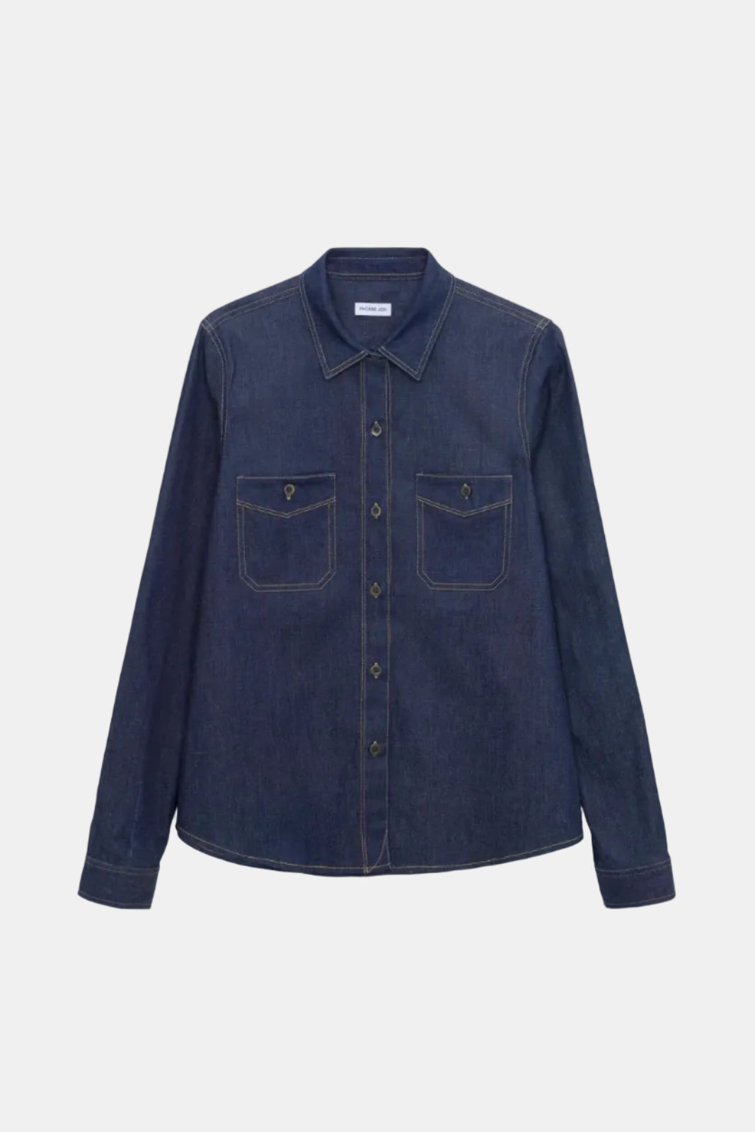 A dark indigo denim long-sleeve button-up shirt jacket with two chest flap pockets, displayed flat against a plain white background.