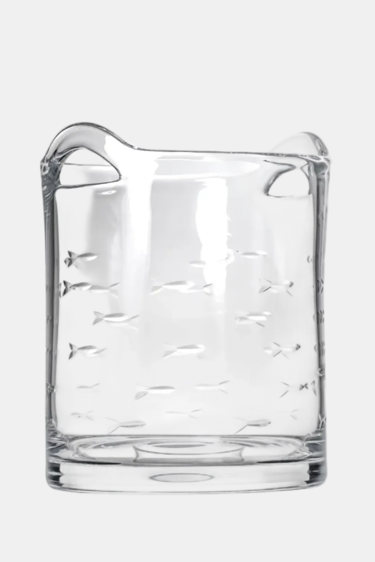 Clear glass vase with butterfly patterns on a white background