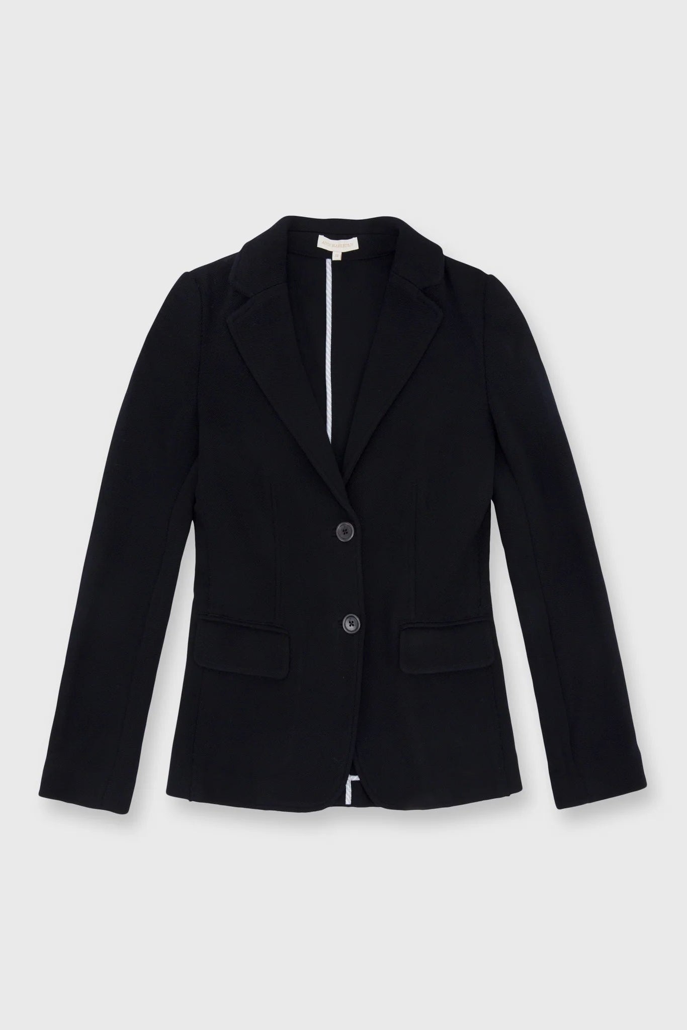 A black tailored blazer with notched lapels, a two-button front closure, and flap pockets, shown flat against a light gray background.