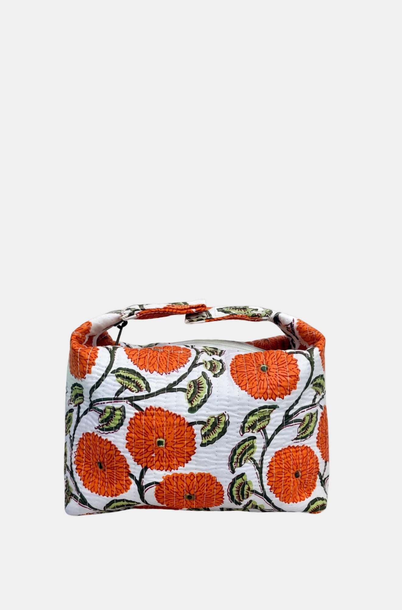 A small rectangular handbag with a top handle, featuring an embroidered floral pattern of orange flowers and green leaves on a white background.