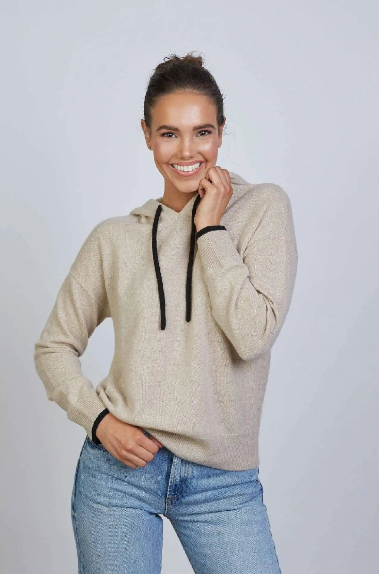 Highland Hoodie 100% Mongolian Cashmere in Beige with Black