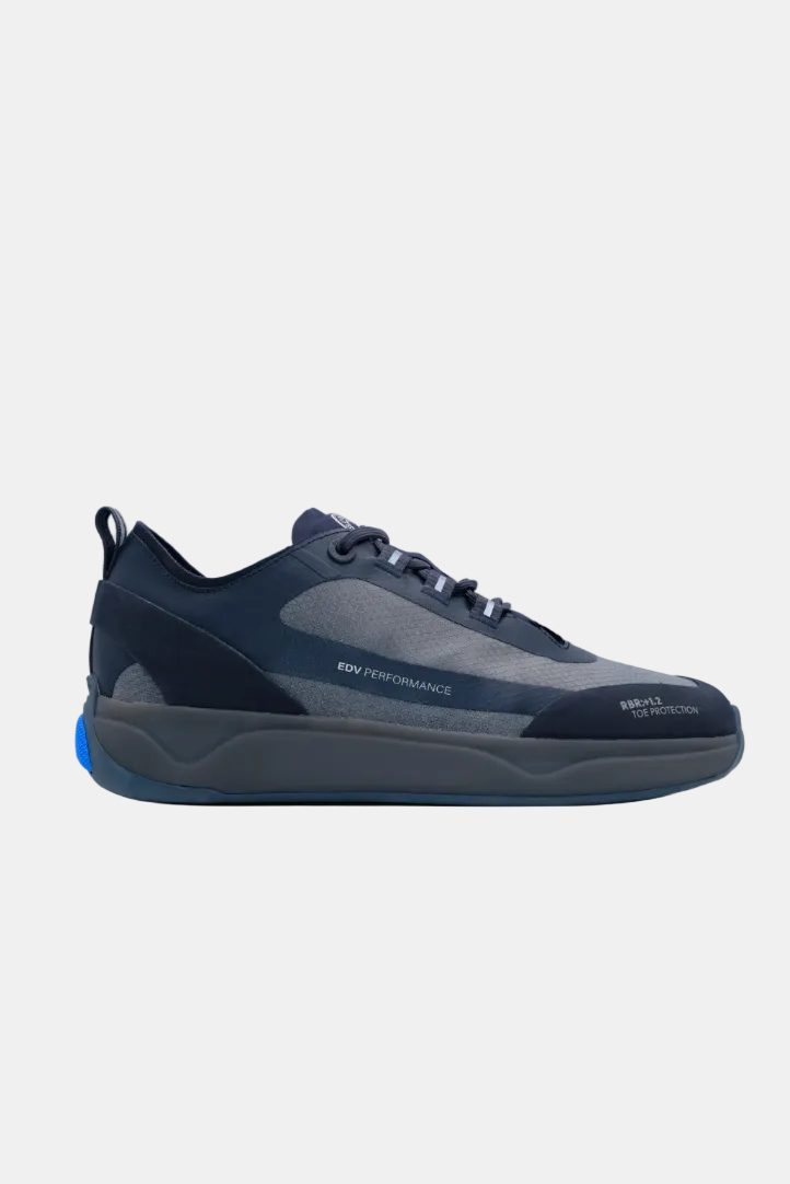 Navy blue athletic shoe with 'EDV Performance' branding on a white background