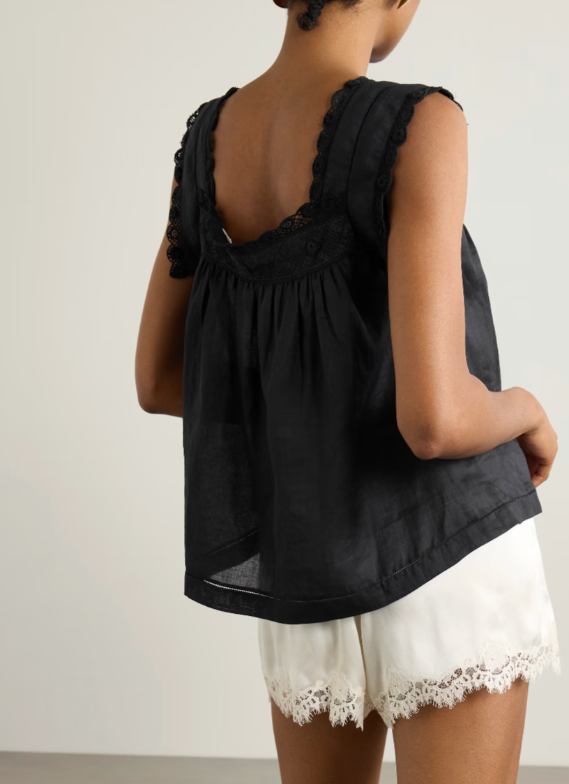 A woman shown from the back wearing a black sleeveless top with ruffled trim and a gathered back, paired with white shorts featuring lace trim, against a plain light gray studio background.