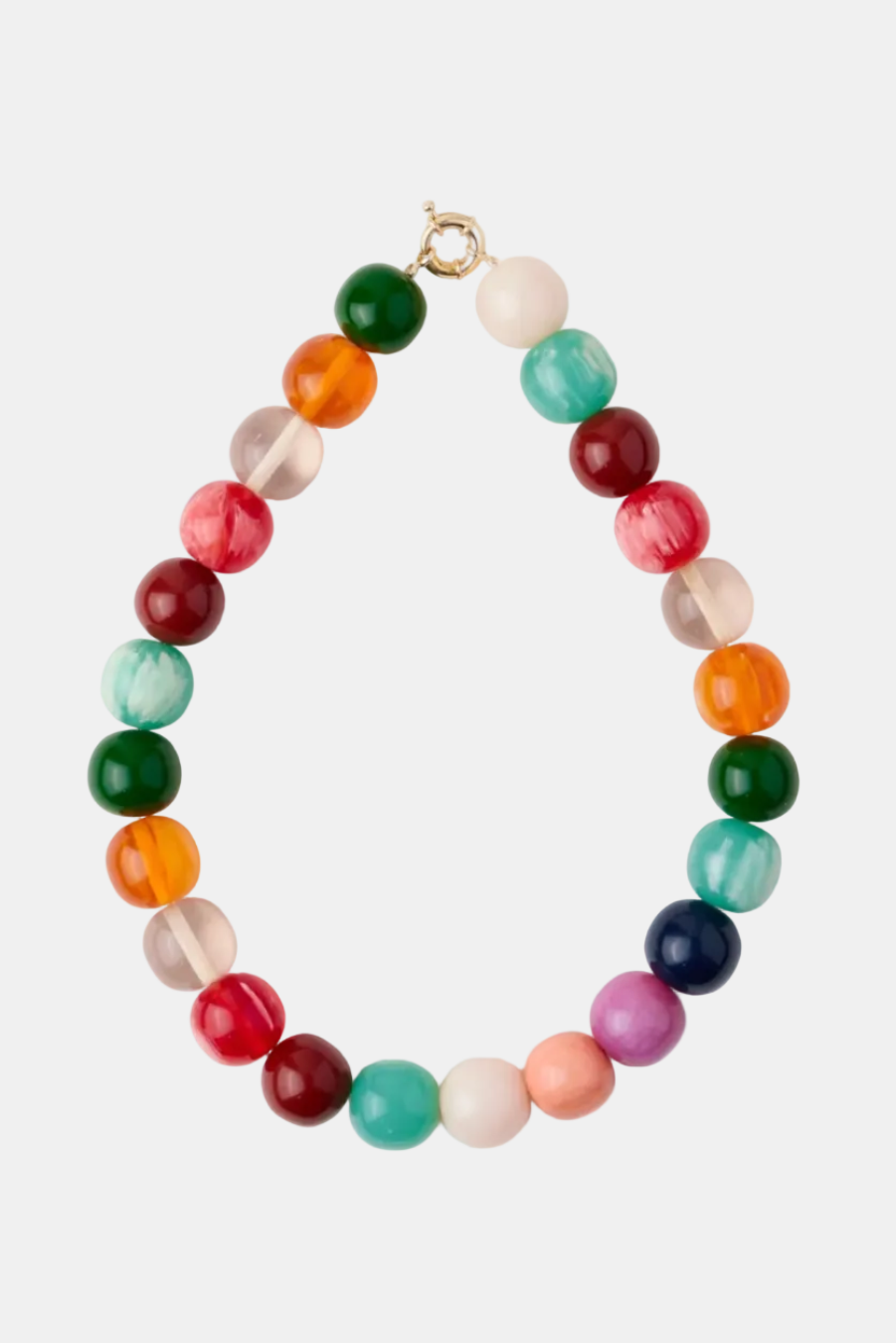 A beaded necklace made of round, polished gemstone-like beads in multiple colors including green, orange, red, pink, blue, purple, and white, arranged in an oval shape on a plain white background.