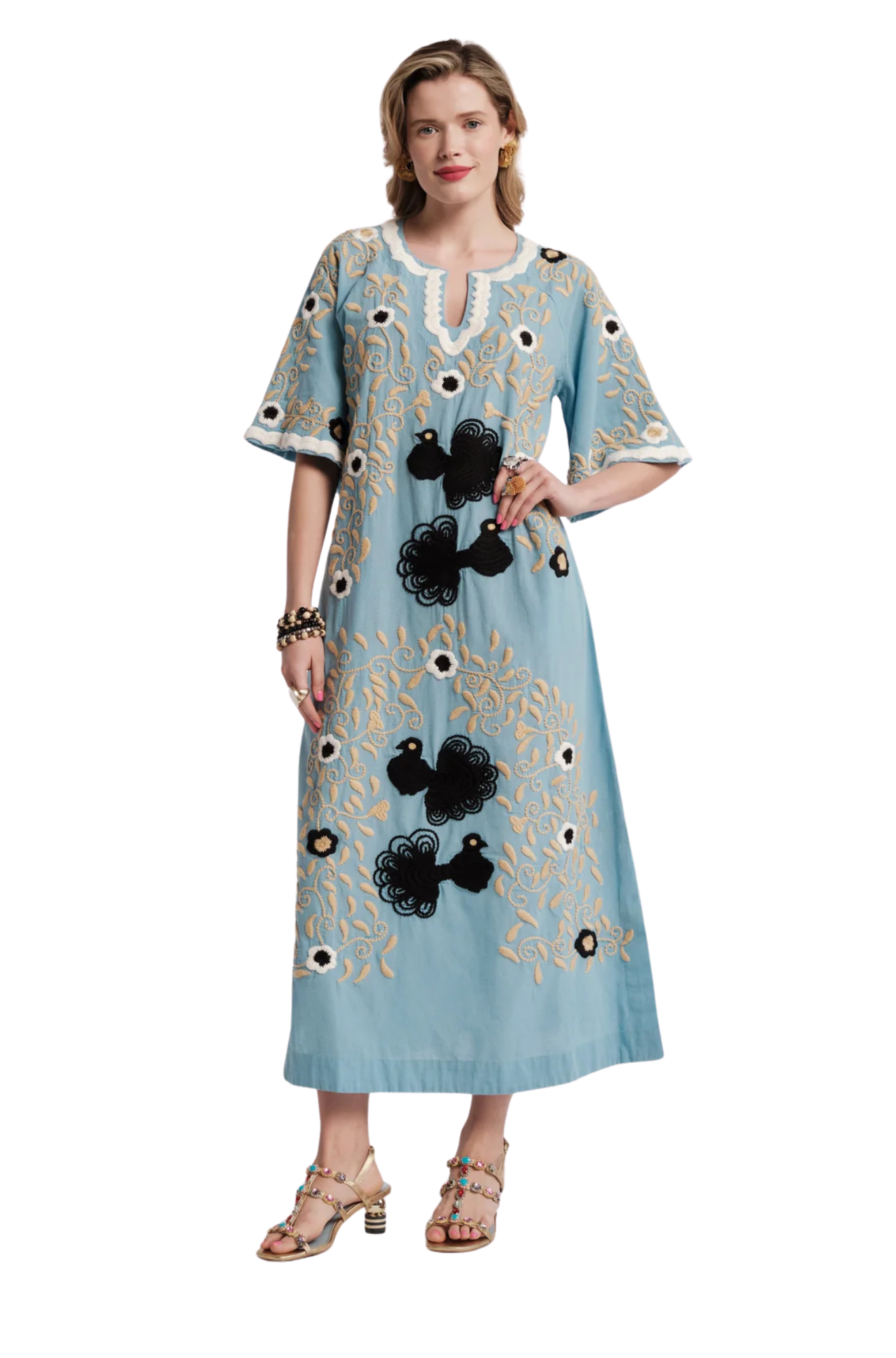 Peacock Caftan Embroidery Cotton