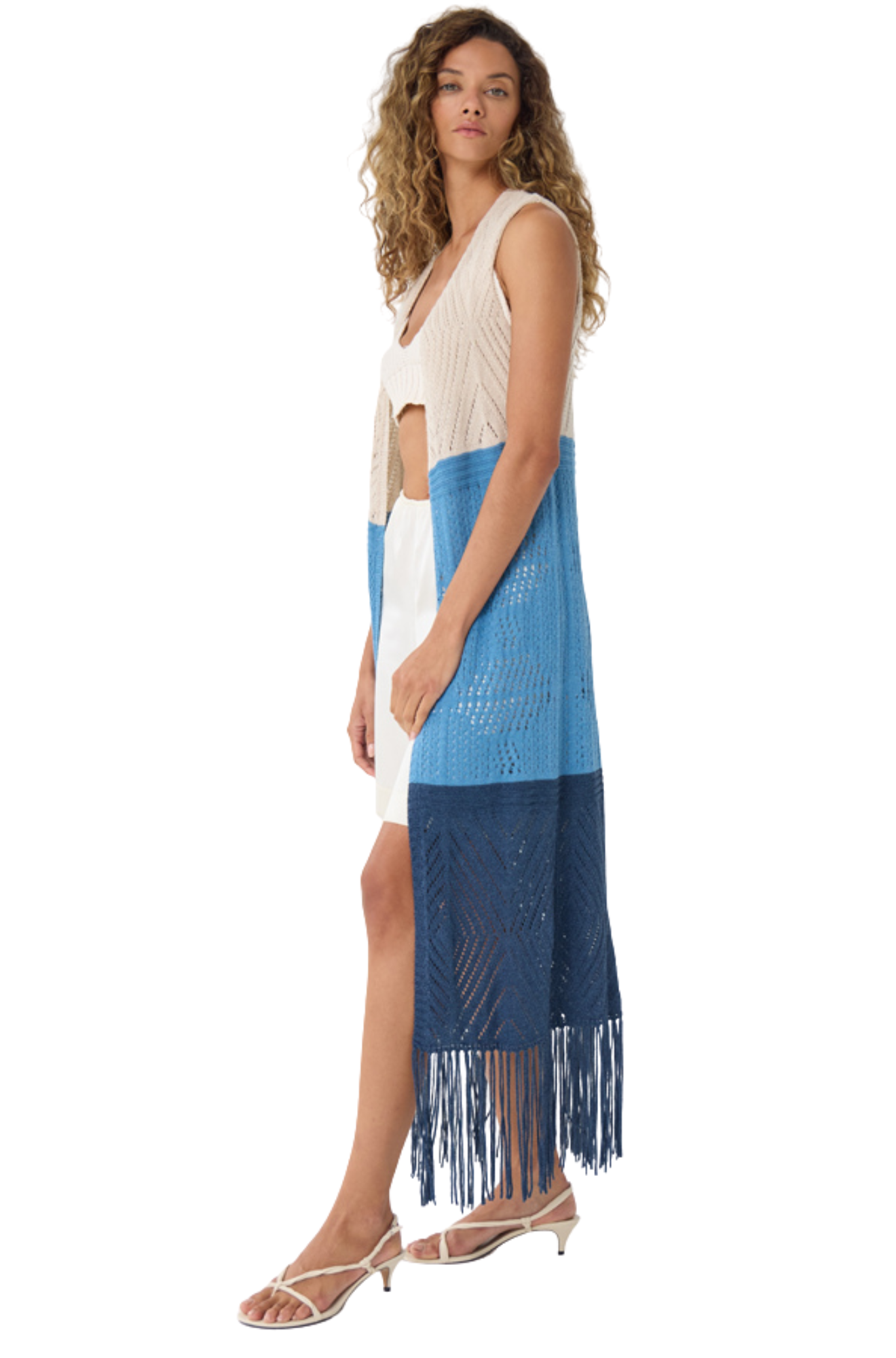 Color Block Pointelle Fringe Maxi Vest