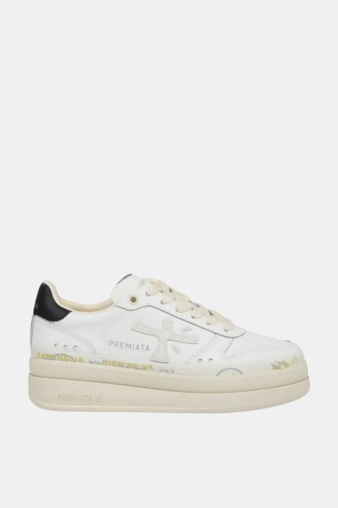 White sneaker with black heel and gold text on a white background
