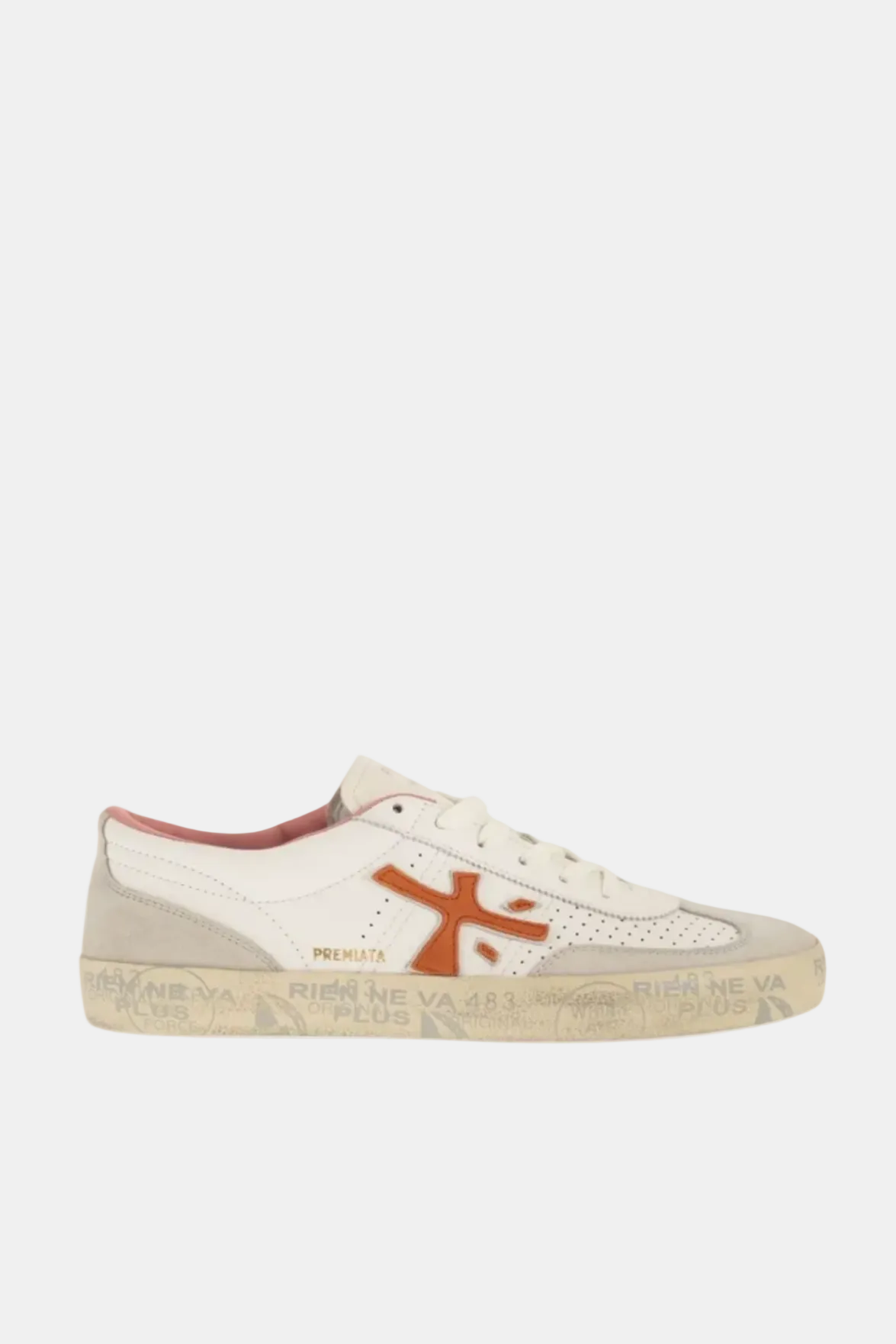White sneaker with red accents on a white background