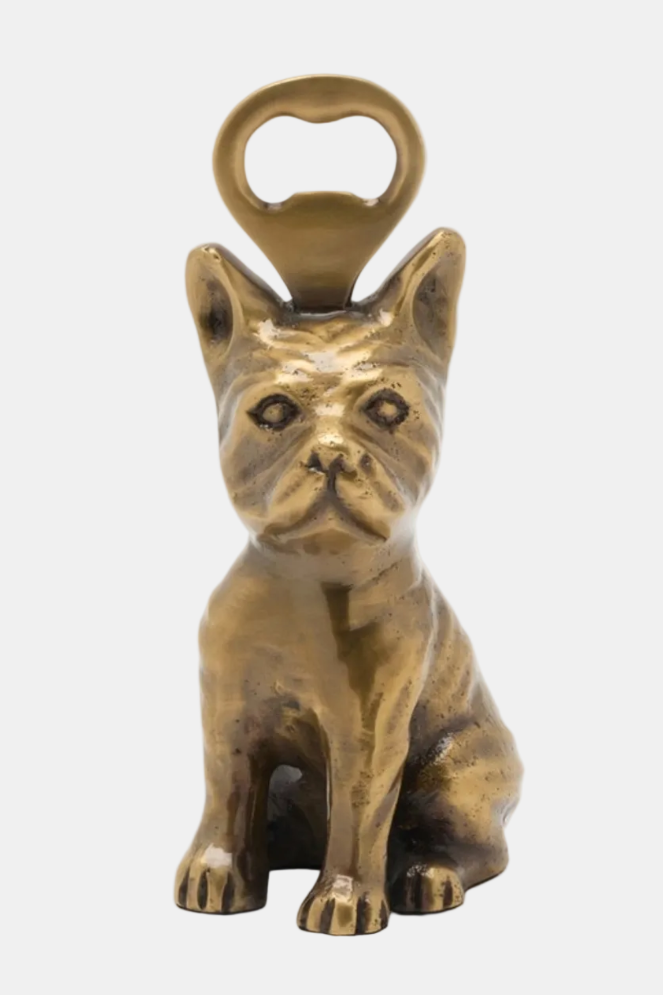 Bronze bulldog-shaped bottle opener on a white background