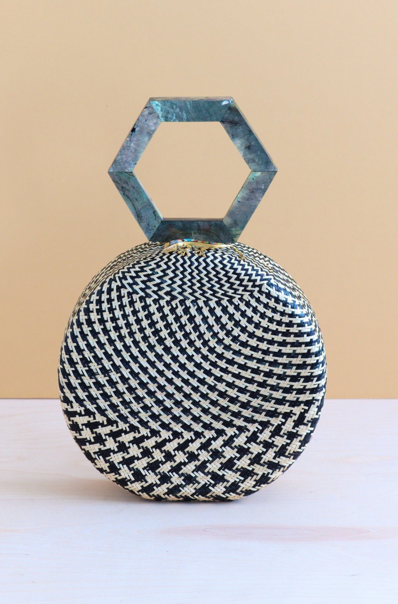 Black Round Handwoven Handbag with Mother of Pearl Handle