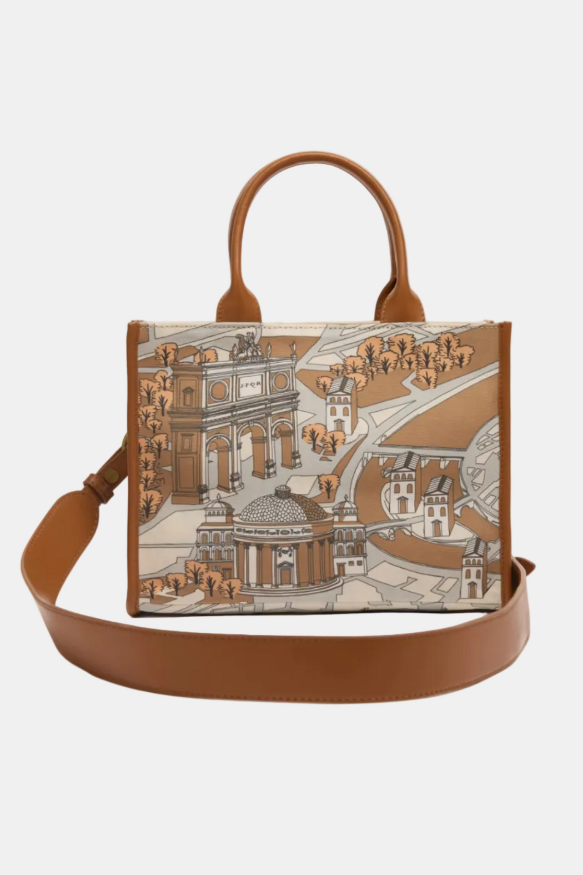 Handbag with architectural design and brown leather strap on a white background