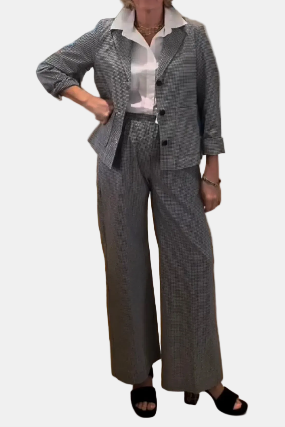Woman in a gray suit standing in a kitchen with a dog at her feet.