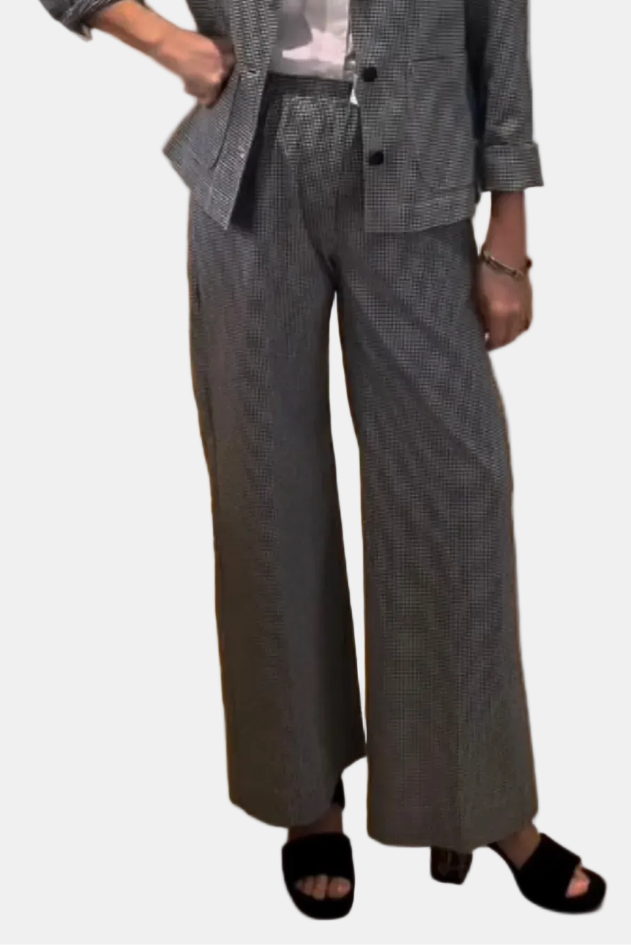Woman in a gray suit standing in a kitchen with a dog at her feet.