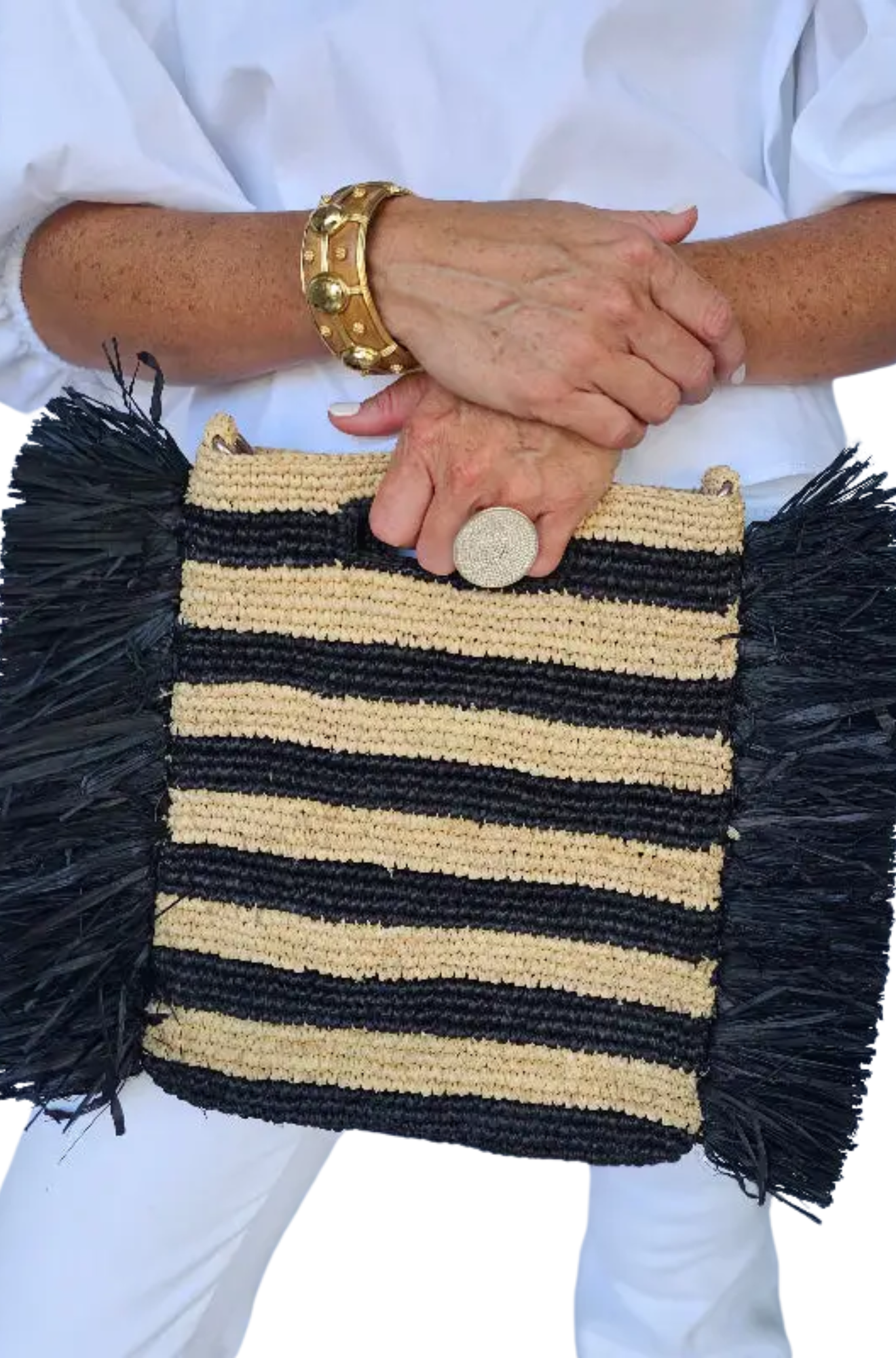 Remi Black and White Fringe Raffia Bag