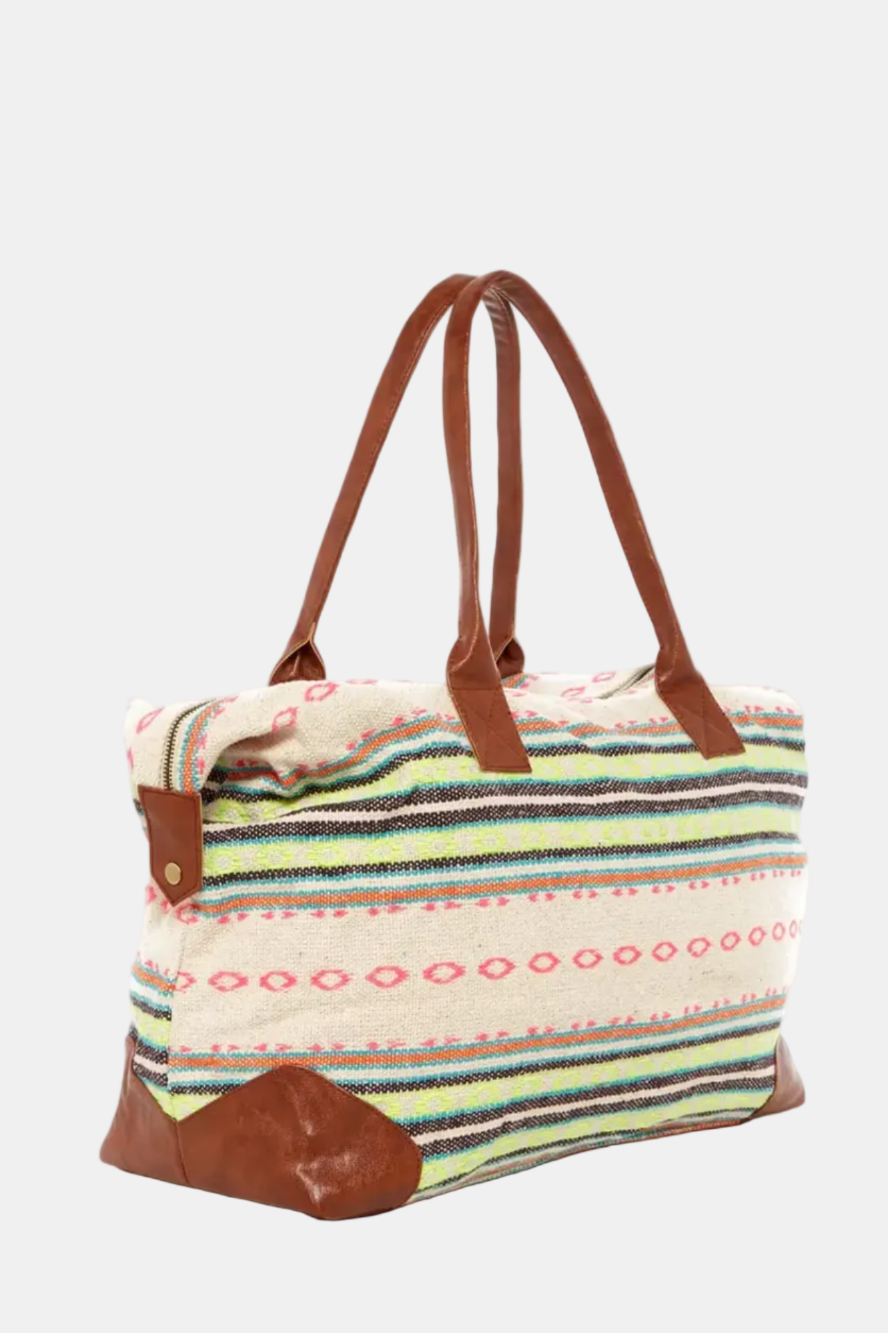 Striped tote bag with brown leather accents on a white background