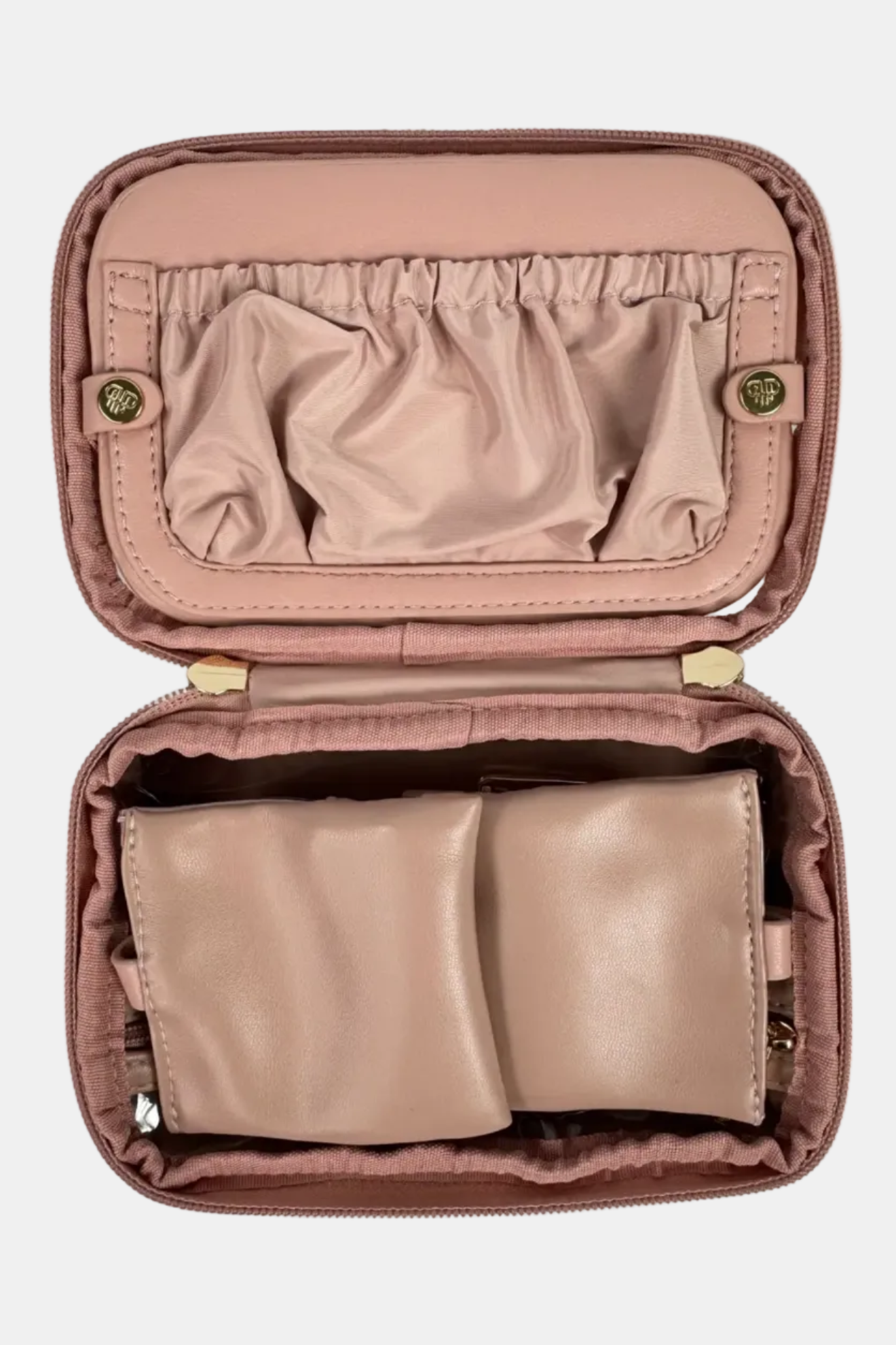 Pink jewelry case with two pink jewelry boxes inside on a white background